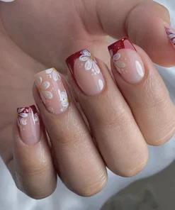Red Flower French Press On Nails