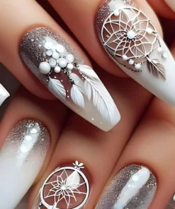 Glitter White Coffin Press On Nails